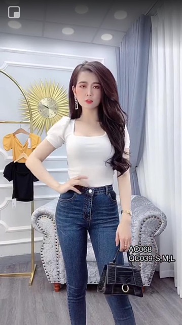 Áo croptop cổ vuông tay phồng hình chụp thật kèm video