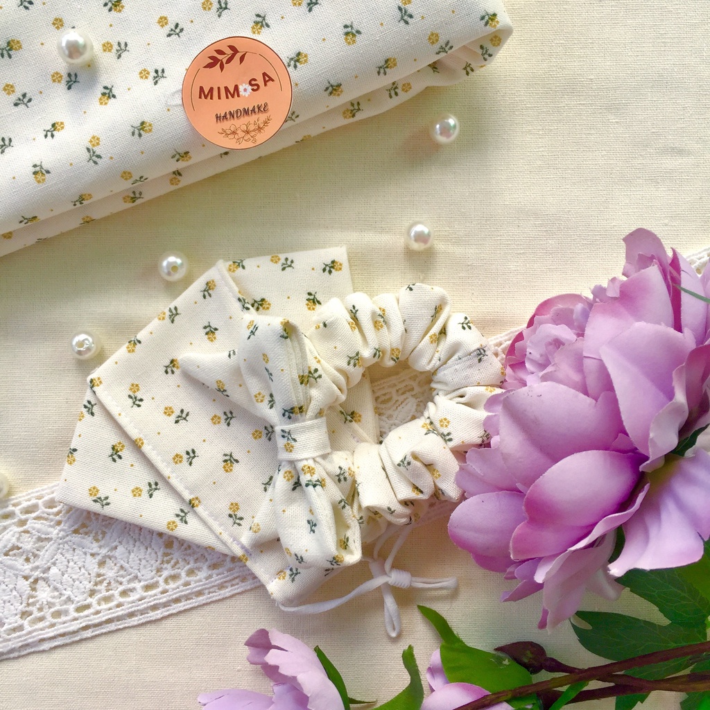 Combo khẩu trang vải 3D Linen + Scrunchies nơ họa tiết hoa nhí vintage