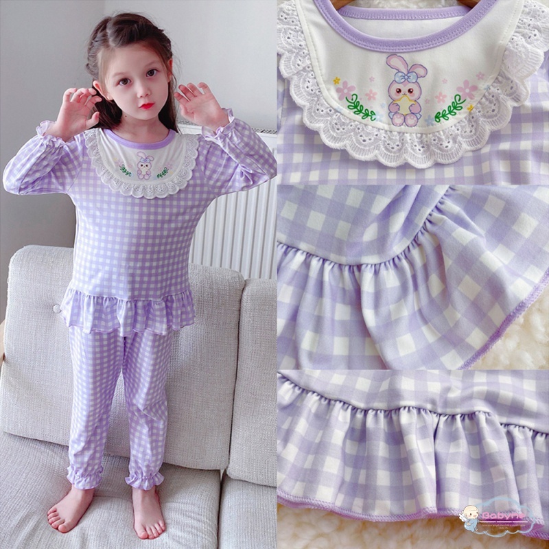 Bộ Đồ Ngủ 2 Món Áo + Quần Dài In Họa Tiết Caro Dễ Thương Thoải Mái Thân Thiện Với Da Cho Bé Gái