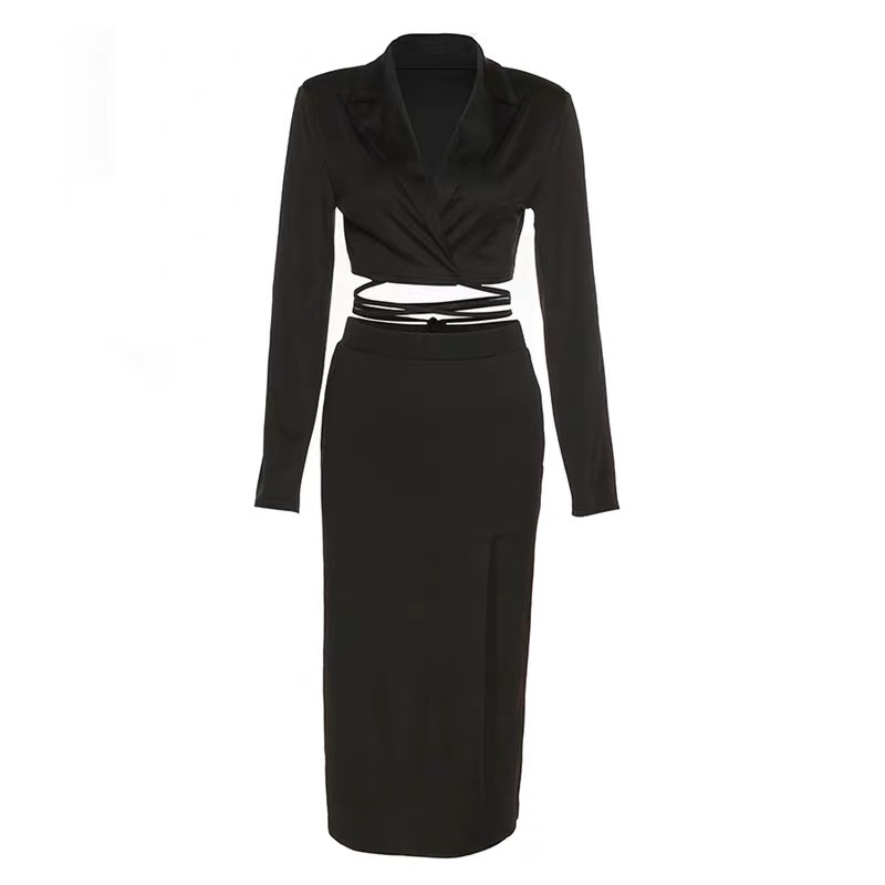 Set Áo vest blazer dáng croptop cột thắt eo kèm chân váy dài xẻ tà có khoá kéo điều chỉnh - by SGGz