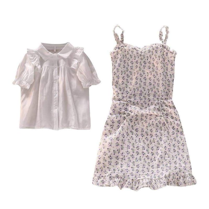 Set đầm hoa kèm áo sơmi bèo
