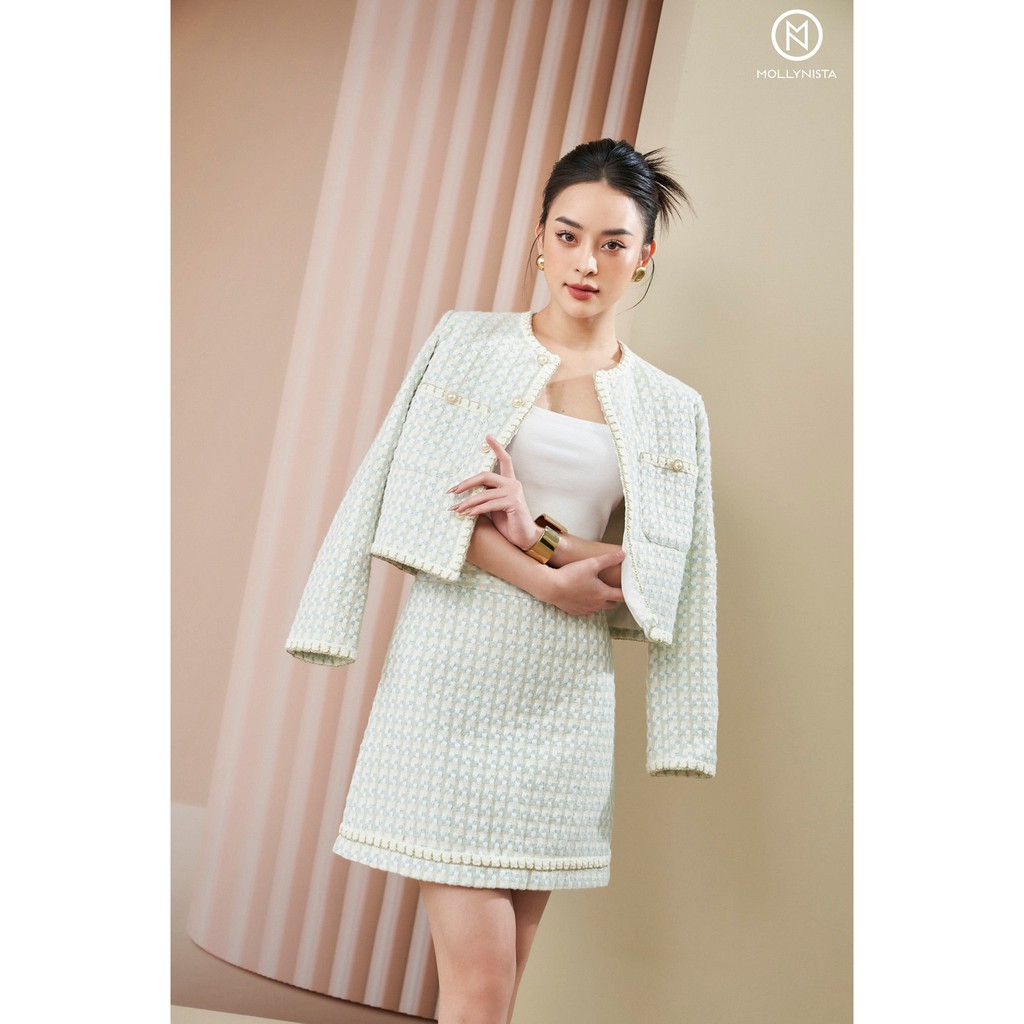 MOLLYNISTA - Áo khoác tweed Cindy xanh | BigBuy360 - bigbuy360.vn