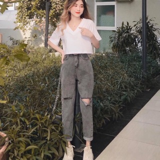 Quần baggy jean khói rách gối
