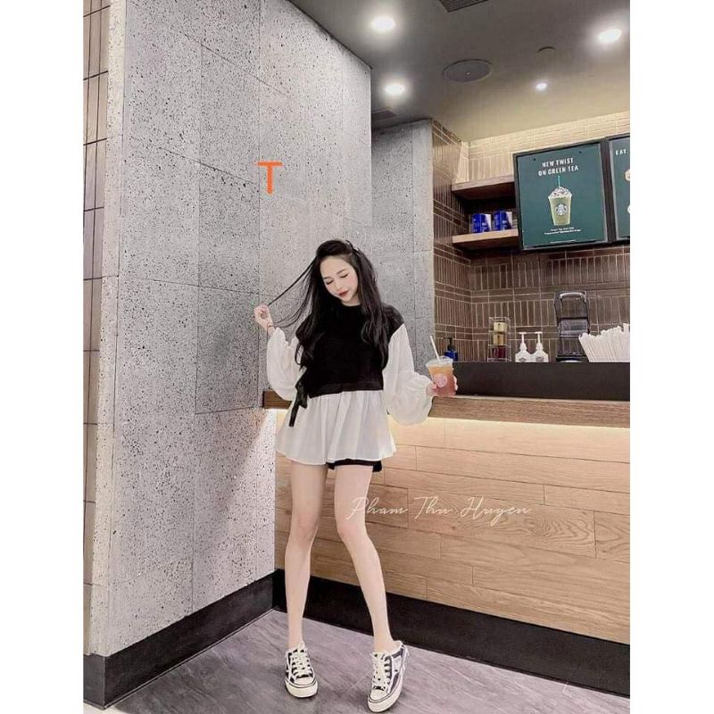 ⚡Áo babydoll phối vạt thắt nơ eo⚡ Áo kiểu form rộng tay lỡ che khuyết điểm tôn dáng
