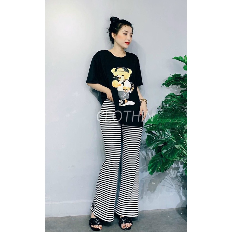 Quần thun ống loe phối màu sọc ngang cực hot , chất coton mềm mịn co giãn