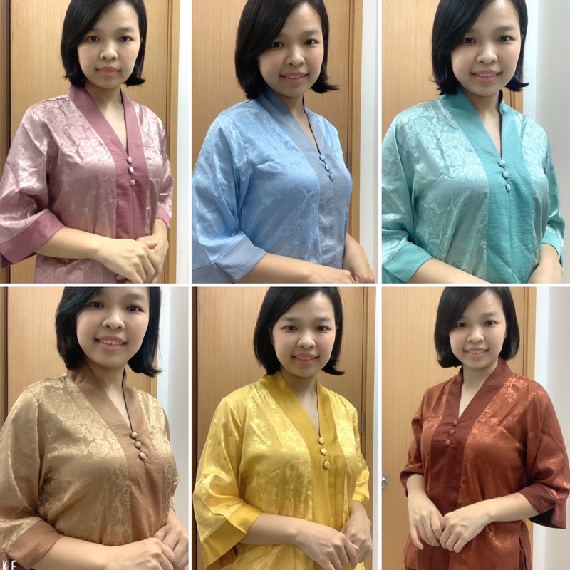 Trang phục lam đi lễ chùa vải lụa phối gấm sang trọng