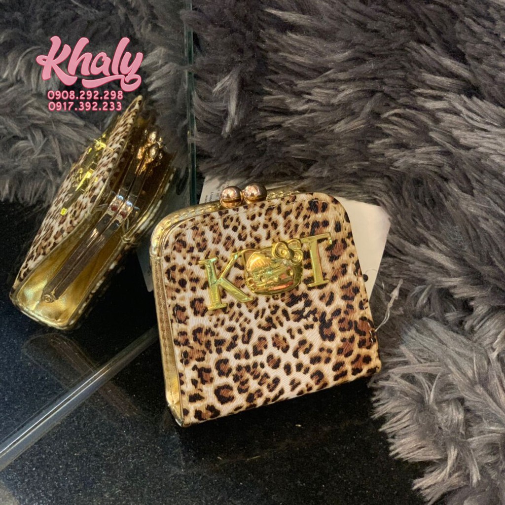 Bóp ví tiền cầm tay mini nút bật da mềm 1 ngăn hình Hello Kitty kiểu dáng da beo cho bé gáu, bạn nữ (Nhật Bản