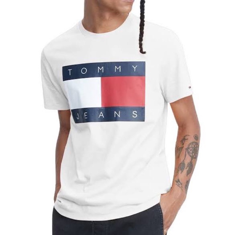 [HÀNG MỚI VỀ] ÁO THUN CỔ TRÒN TOMMY JEANS FLAG TRẮNG ĐEN - ÁO THUN COTTON IN HÌNH - HÀNG NHẬp KHẨU