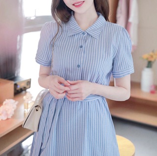 Đầm sơ mi sọc xanh thanh lịch, váy dạo phố xuongvnxk (kèm hình thật)