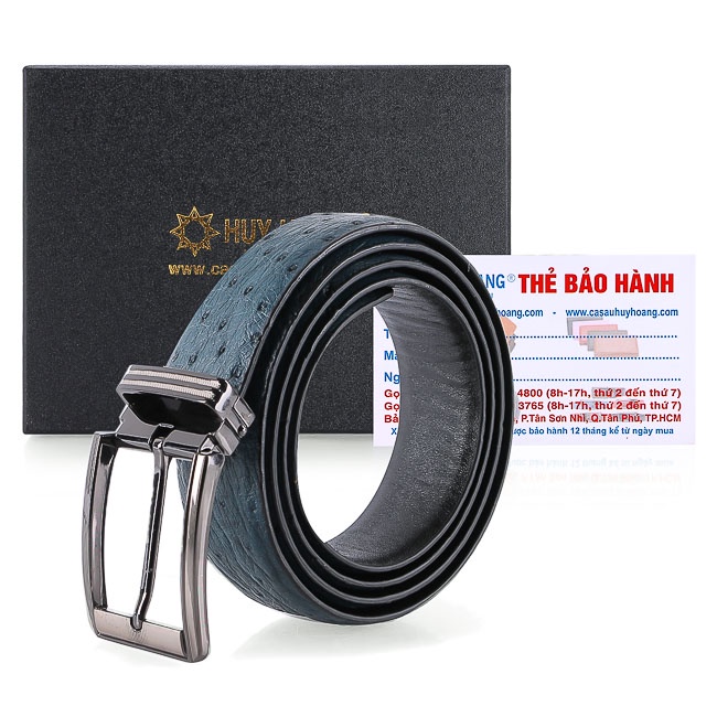 Dây nịt nam da đà điểu Huy Hoàng da hột 3,5P đầu kim màu xanh đậm HP4453
