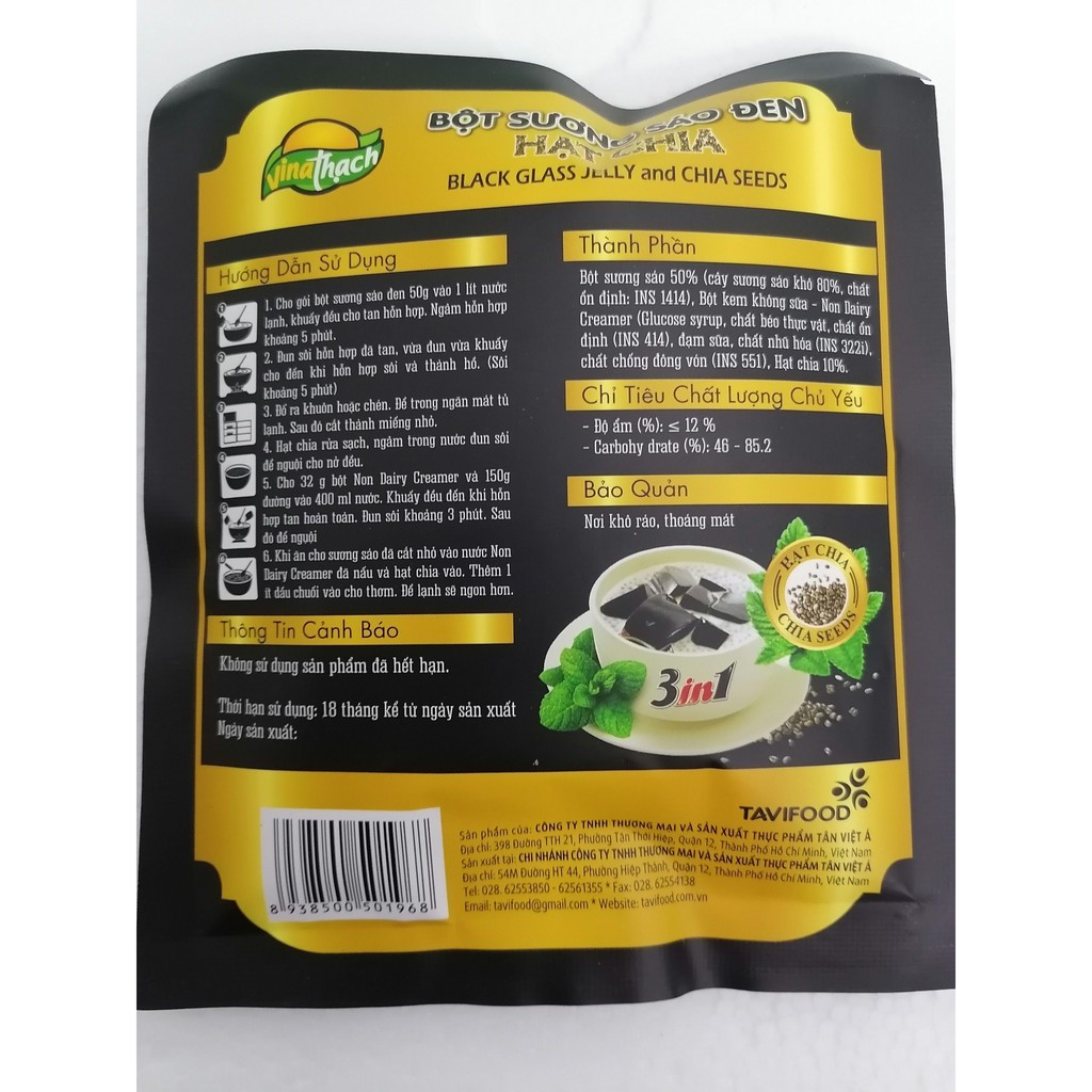 [Gói 90g – HẠT CHIA] BỘT SƯƠNG SÁO ĐEN VinaThạch [VN] TAVIFOOD Black Glass Jelly with Chia Seeds