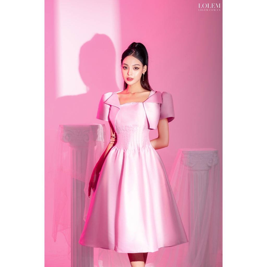 Đầm xòe dự tiệc LOLEM SV234 hai dây cổ vuông vải tafta bền không nhăn