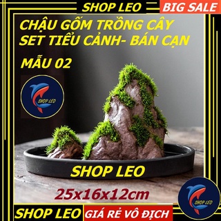 Chậu gốm set Tiểu cảnh ( Mẫu 02) - Set bán cạn - - Đá thấm thủy set rêu - Cấy rêu - Trang trí non bộ - Tiểu cảnh