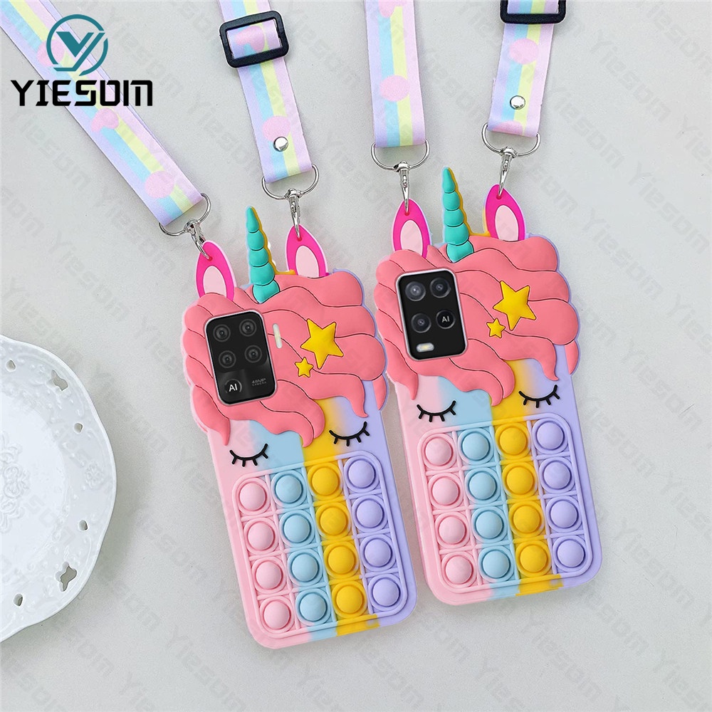 Ốp Điện Thoại Hình Kỳ Lân Cầu Vồng Gắn Dây Đeo Cho OPPO A54 A16 A15 A15S A12 A7 A5S A3S A52 A92 A31 A5 A9 2020 A39 A59 F5 F9