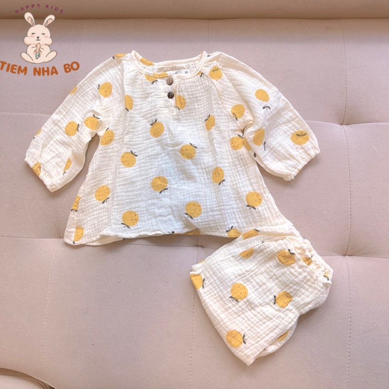 Bộ quần áo dài tay thu đông cho bé trai bé gái, bộ quần áo trẻ em mặc nhà vải xô muslin cho bé từ 5-15kg TNB
