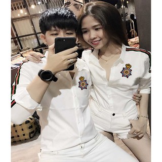 [SIÊU PHẨM] Áo Sơ Mi Cặp Đôi Viền Tay Guci Thêu Logo Cao Cấp | Áo Đôi Nam Nữ Tình Nhân Đẹp (Ảnh thật)