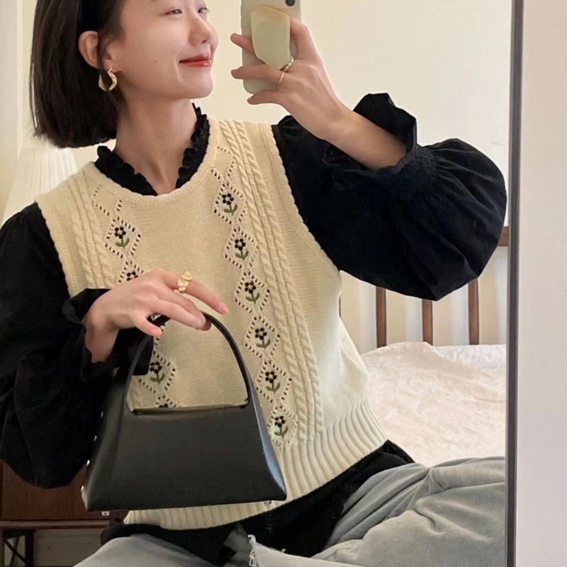 Áo Dệt Kim Sát Nách Thêu Hoa 208536 Áo Sweater Không Tay Dáng Ngắn Phong Cách Vintage Hàn Quốc