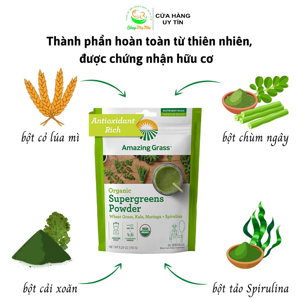 Bột rau hữu cơ cỏ lúa mì,  cải xoăn, chùm ngây và tảo spirulina Amazing Grass Organic SuperGreens Powder 150g.