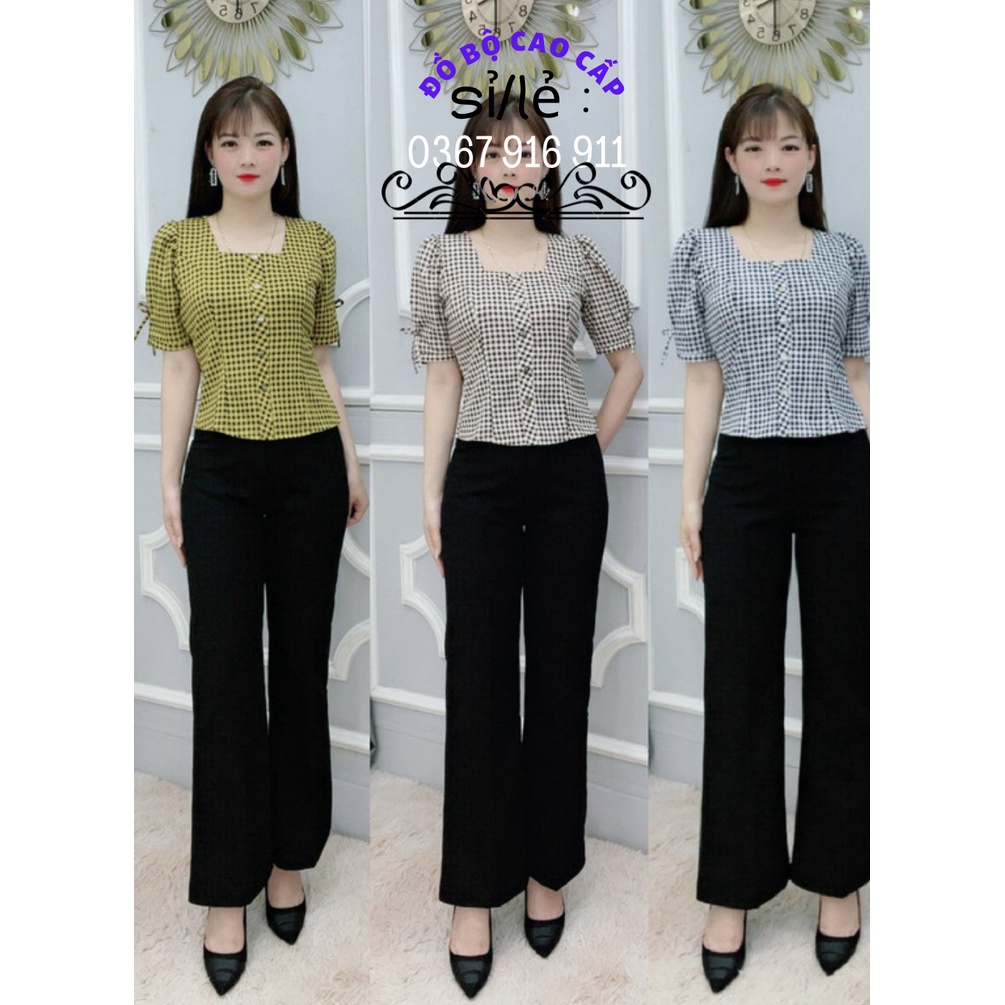 áo kiểu nữ cổ vuông tay phồng đính nơ áo sơ mi kẻ nhí