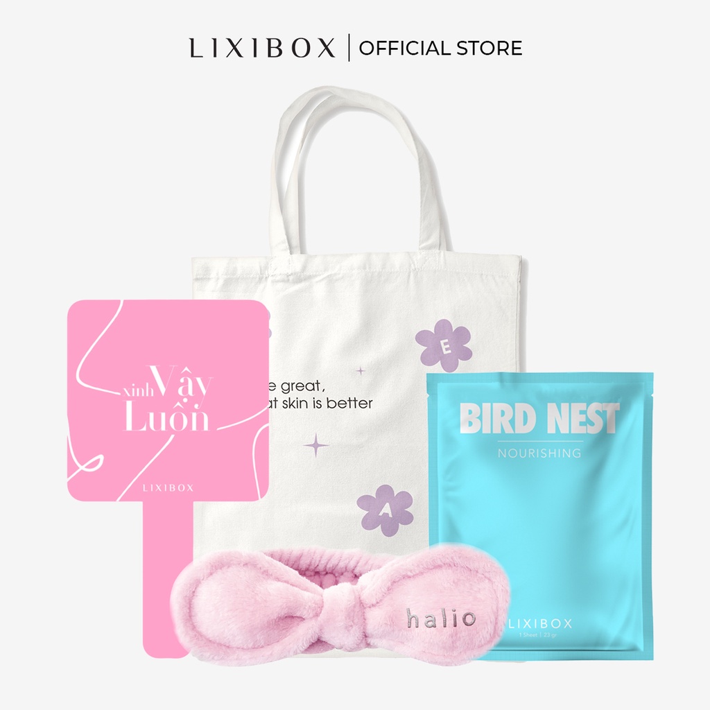 [HB Gift] Combo Băng đô Halio - Hồng, Gương Lixibox hồng, Túi vải cao cấp, Mặt nạ Lixibox - Bird nest