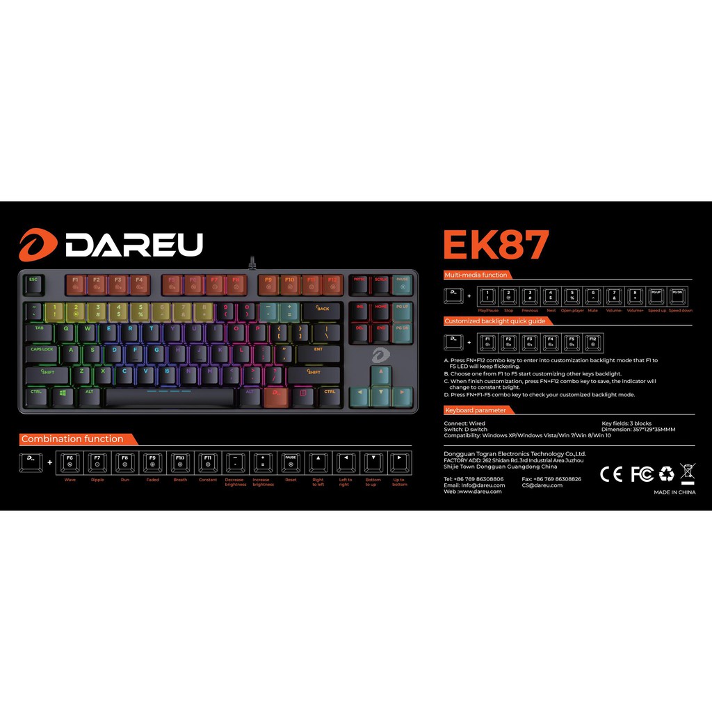 Bàn phím cơ Gaming DAREU EK87 - Black (MULTI-LED, Blue/ Brown/ Red D switch) - Led nhiều màu