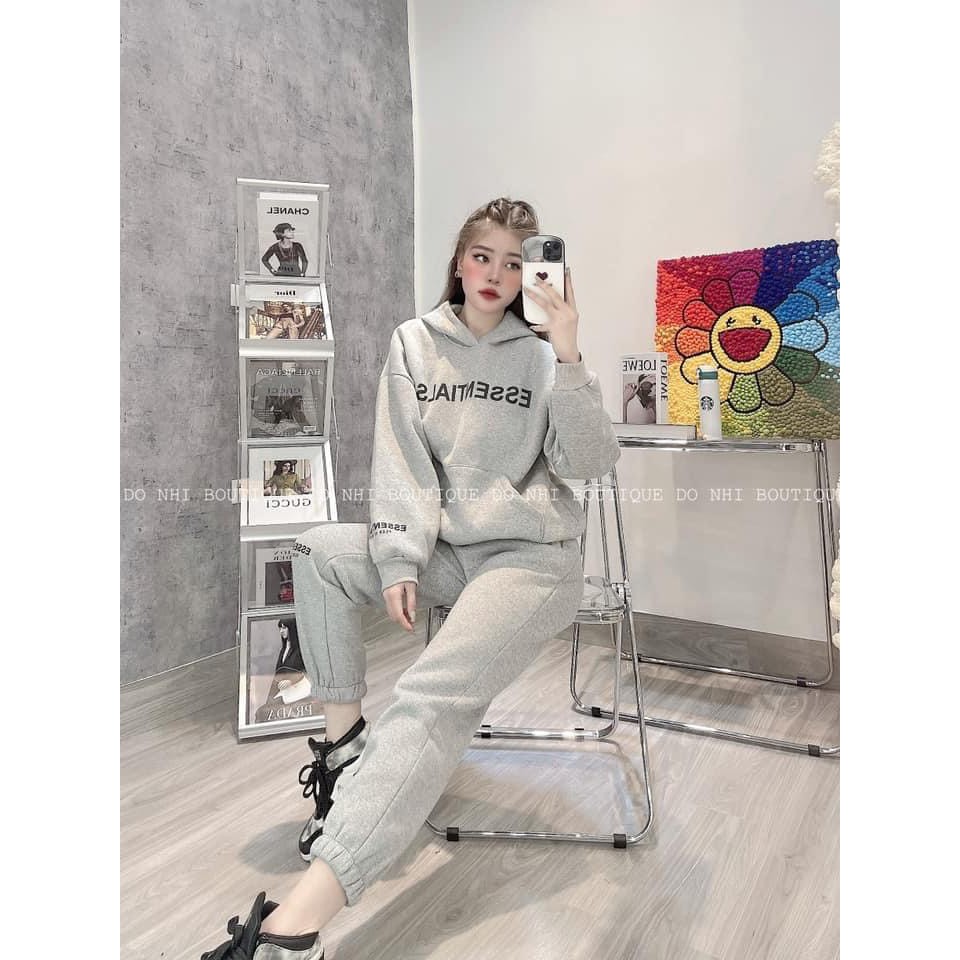 Set bộ nỉ mũ Essen dài tay  Set Áo Nỉ Mũ Kèm Quần Jogger Nữ In Hình 4 Màu