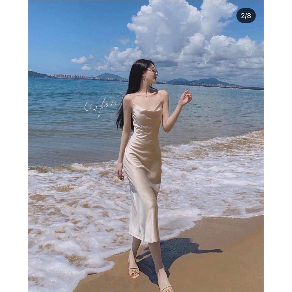 Đầm midi 2 dây cổ đổ hở lưng nude