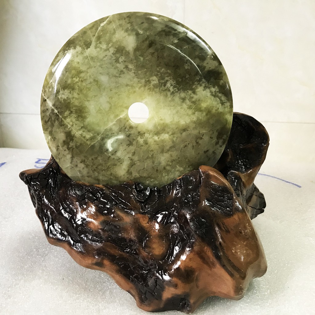 Đồng điếu ngọc, đồng điếu đá tự nhiên đường kính 15 cm-25 cm chân đế gỗ rừng cho mệnh Kim Mộc Thủy Hỏa Thổ