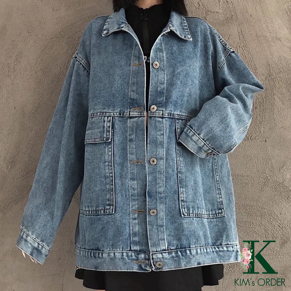 Áo khoác jean nữ màu xanh và đen dài tay phom rộng cổ sơ mi Unisex phong cách Ulzzang Hàn Quốc cá tính cho nam chất đẹp