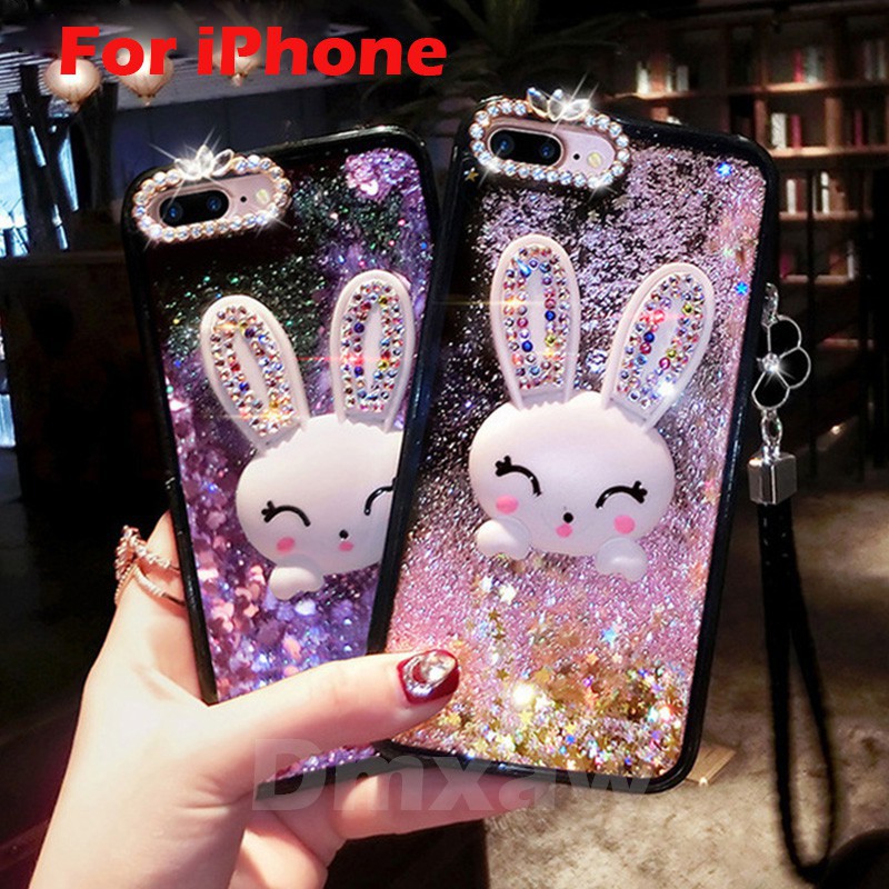 Ốp điện thoại đính kim cương giả lấp lánh hình mặt thỏ dễ thương cho iPhone X 8 7 6 6S Plus
