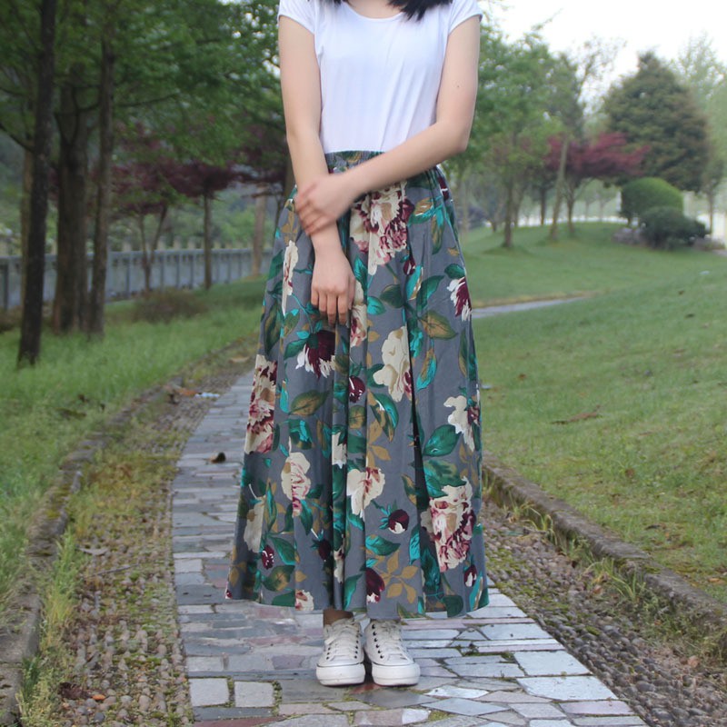 Chân Váy maxi Vải Lanh In Hình Cô Gái Mori