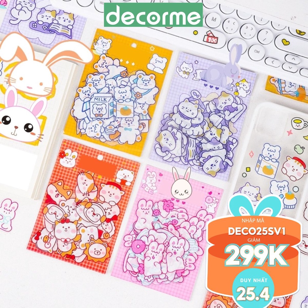 Sticker thú cưng hoạt hình dễ thương DecorMe Set 40 sticker động vật PVC chống thấm nước trang trí sổ  bullet journal