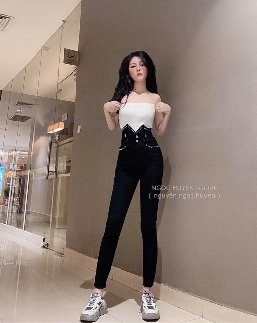 Quần jean cạp siêu cao đính cườm siêu đẹp | BigBuy360 - bigbuy360.vn