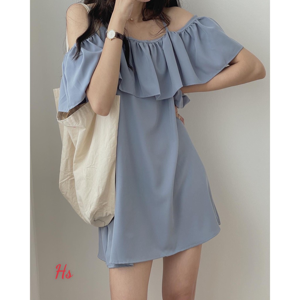 V027 Váy 2 dây viền bèo trễ vai nữ tính dáng ngắn Đầm hai dây trắng xanh hè thu tiểu thư bánh bèo hở vai