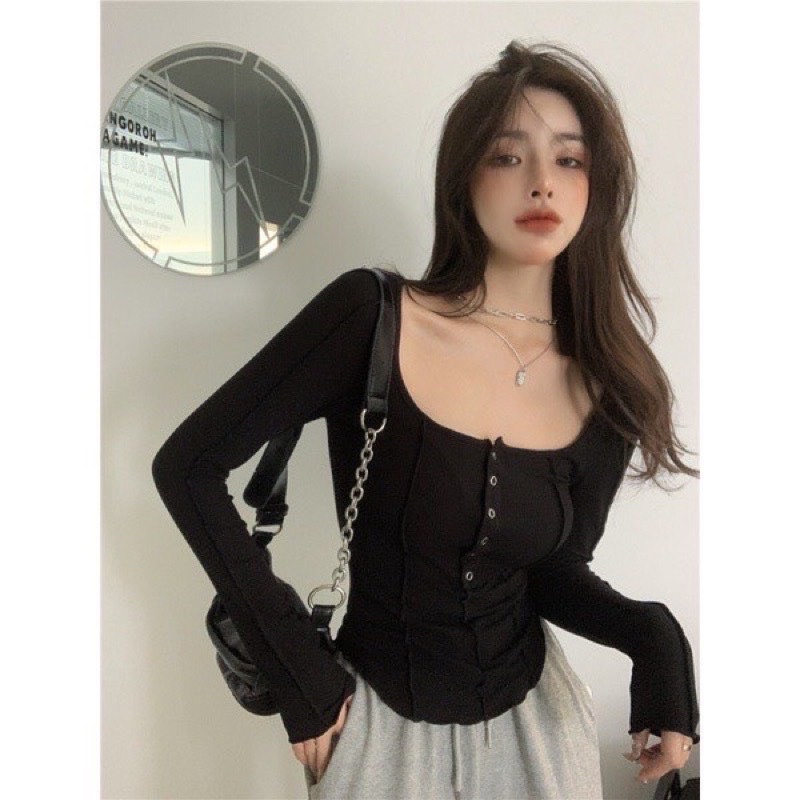 ÁO THUN GÂN TAY DÀI BẤM NÚT XINH ĐẸP