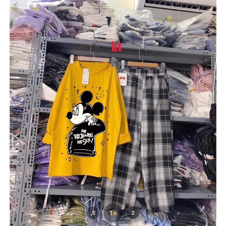 Sét áo micky + quần kẻ ống rộng KTH1120
