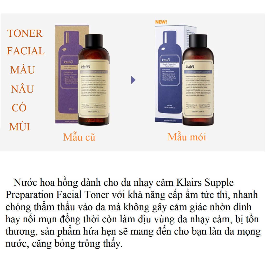 Toner Klairs dưỡng ẩm❤️Nước hoa hồng Klairs Moon21 Supple Preparation Facial Toner 180ml loại có mùi cho da nhạy cảm