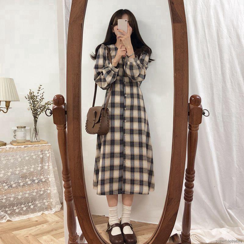 Đầm nữ tay dài họa tiết caro phong cách retro
