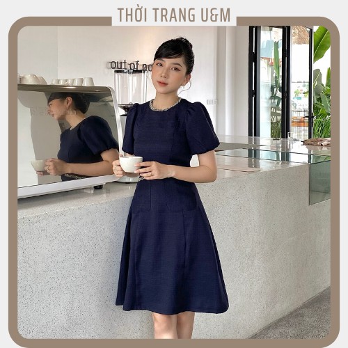 Đầm Xanh Than Tay Bo Cổ Tròn Độc Đáo Đủ Size 40kg-80kg