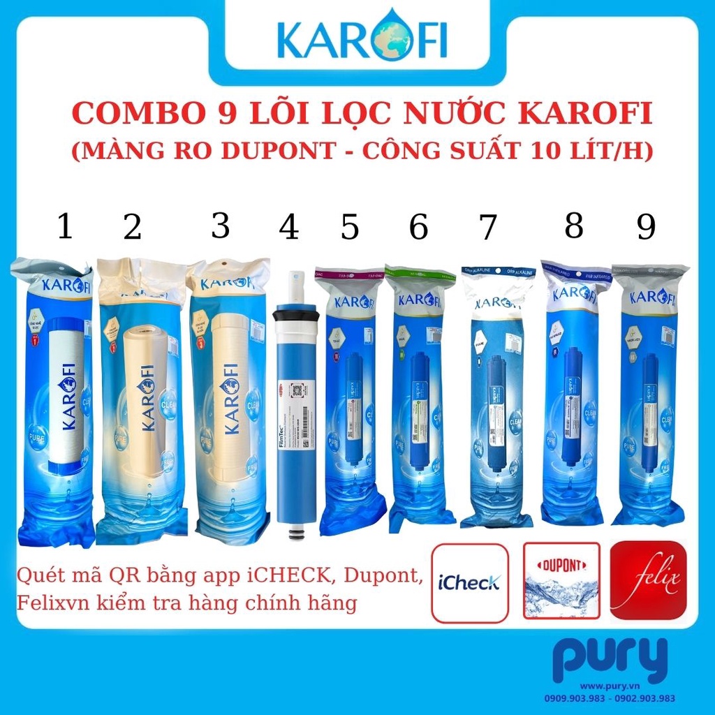 Bộ Lõi Chức Năng KAROFI (123,RO,56789) - Màng RO Dupont 50GPD - Công suất 10 lít/h