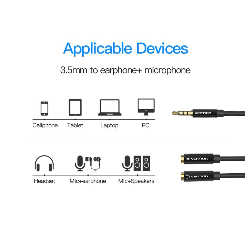 Dây cáp aux Vention chia một đầu cắm thành hai cổng 3.5mm cho tai nghe/micro