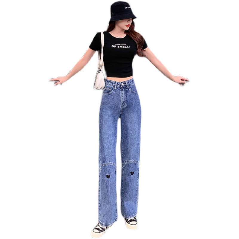 Quần Jeans Nữ Lưng Cao Ống Rộng Thêu Hình Trái Tim Thời Trang