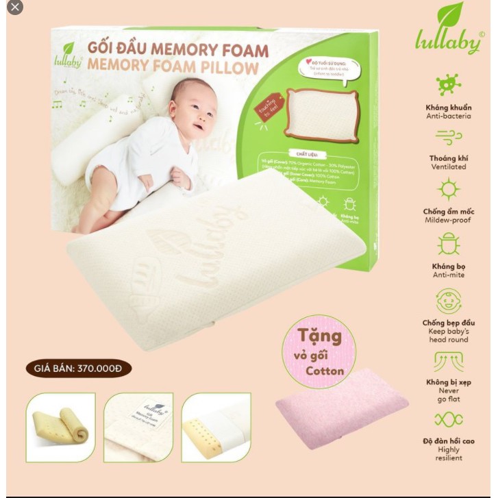 GỐi sơ sinh LULLABY memory foam ( cao su non ) chống bẹp đầu [ TẶNG 1 VỎ GỐI ]