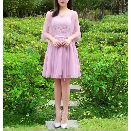 (Bỏ sỉ) (hình thật) Đầm xòe công chúa hồng tím kèm dây cột eo Mã QF2911245