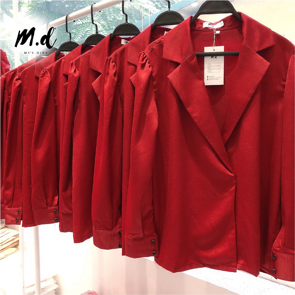 Áo sơ mi lụa nữ cao cấp, màu đỏ đô, cổ vest công sở, kiểu Hàn Quốc sang chảnh MDshop official store