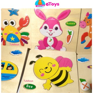 Xếp hình gỗ nổi 3D cho bé ETOYS giúp trẻ nhận biết các con vật và từ tiếng Anh