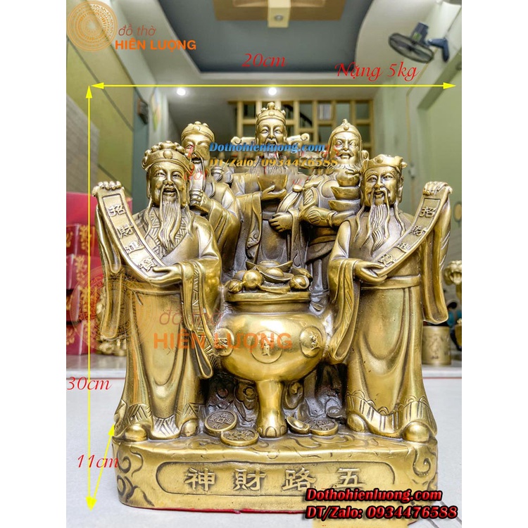 Tượng Ngũ Phúc - Ngũ Lộ Thần Tài Bằng Đồng vàng Nguyên Chất Kích Thước 20x11x30cm, Nặng 5kg