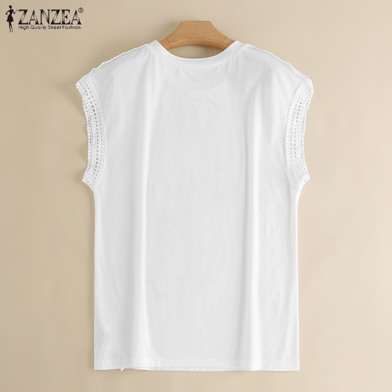 Áo thun ZANZEA cổ tròn tay ngắn phối ren phong cách Hàn Quốc thời trang cho nữ