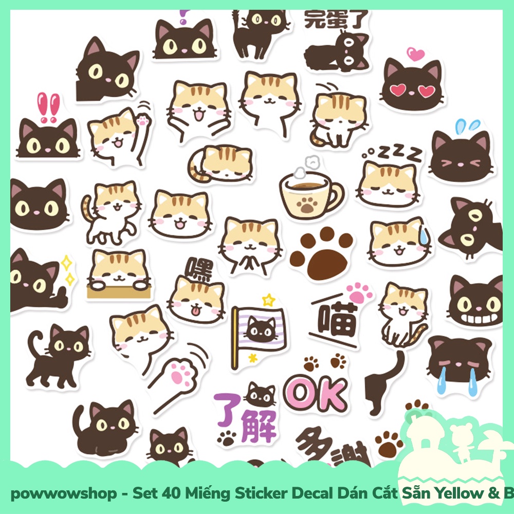 [Sẵn VN - Hỏa Tốc] Set 40 Miếng Sticker Decal Cắt Sẵn DIY Dán Trang Trí Vật Dụng Mẫu Yellow &amp; Black Cat Playround