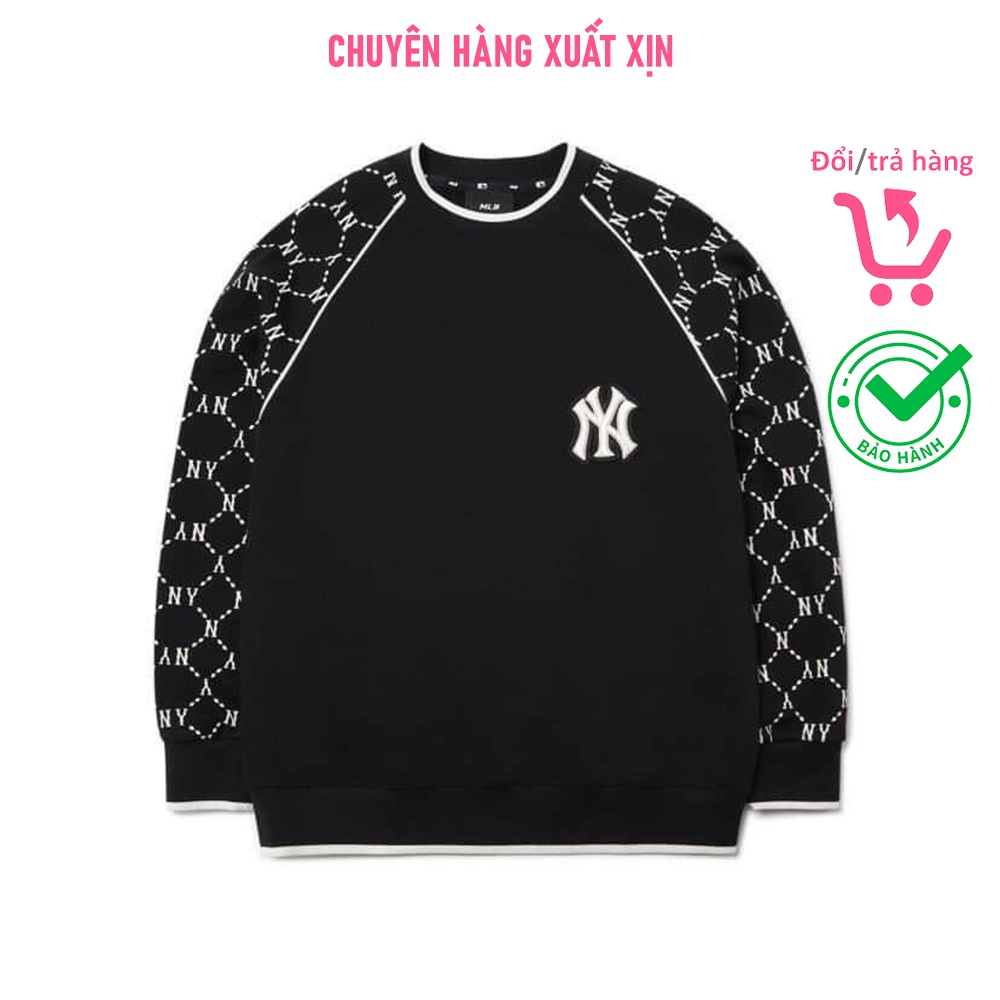 Áo sweater MLB NY hoạ tiết tay đen trắng nâu NY nỉ da cá xuất xịn unisex nam nữ vnxk